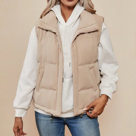. Jackets & Blazers - Tan Preppy Womens Zip Up Slant Pocket Vest Winter Coat